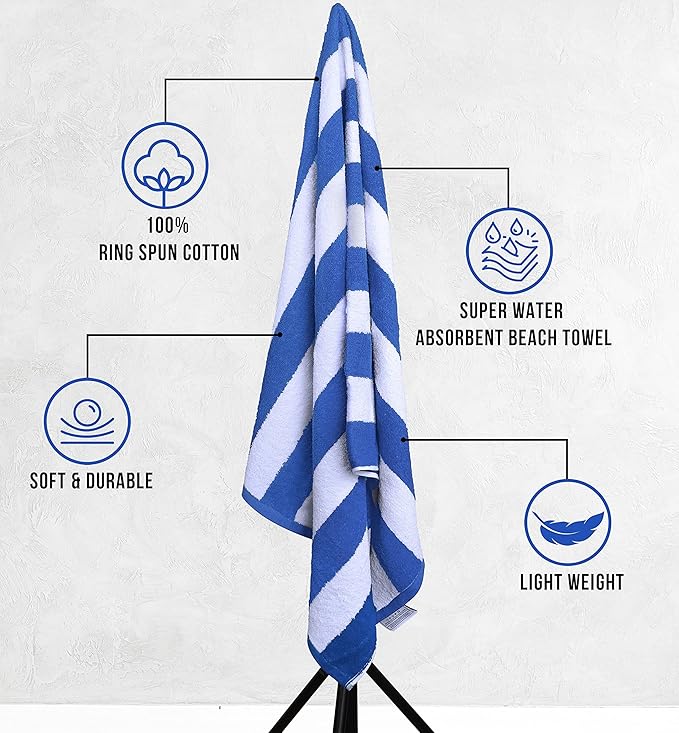 Utopia Towels 4 Pack Cabana Stripe Beach Towel, 30 by 60 Inches, Oversized 100% Ring Spun Cotton Pool Towels, Highly Absorbent Quick Dry Bath Towels for Beach, and Swim, Blue