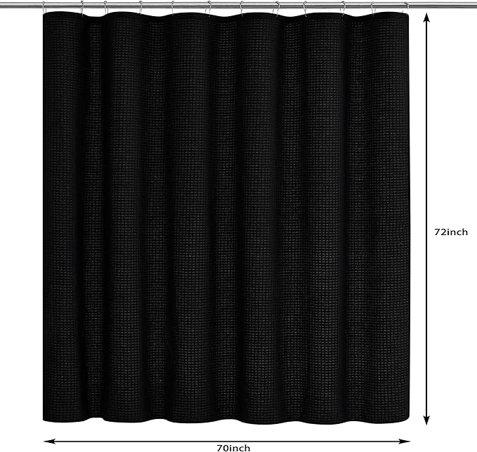 Luxury Waffle Weave Shower Curtain Elegant Hotel Style Fabric for Bathroom, Water Repellent, Machine Washable Black Waffle