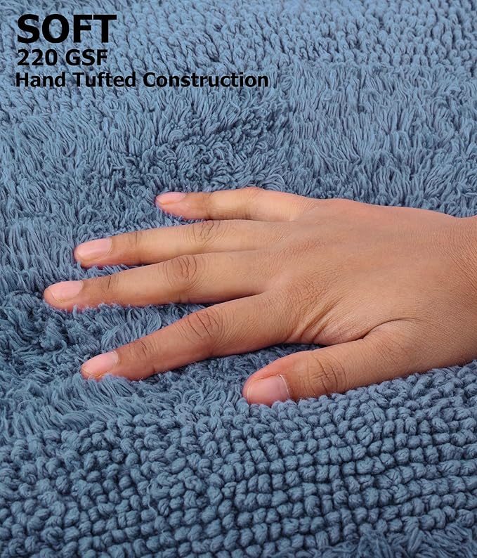 COTTON CRAFT Luxurious Bath Mat Rug - Set of 2 Reversible Heavyweight Step Out Bath Mats for Bathroom Floor, Tub and Shower - Pure Cotton Soft Plush Absorbent Tufted Racetrack Mat - 17x24 - Azure Blue