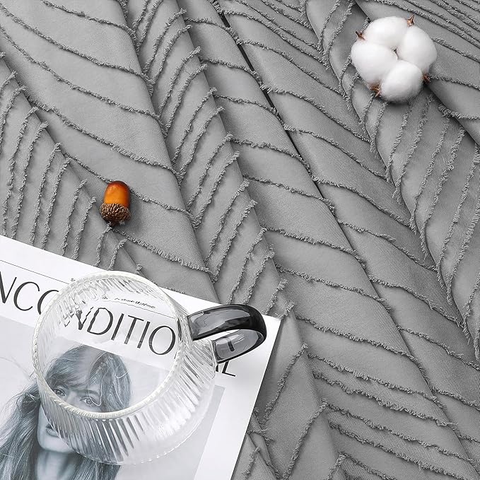 BTTN 72x96 Shower Curtain - Extra Long Boho Tufted Leaves Textured Striped Tassel Shower Curtain Set with 12 Hook, Modern Farmhouse Vintage Country Aesthetic Shower Curtains for Bathroom, Grey/Gray
