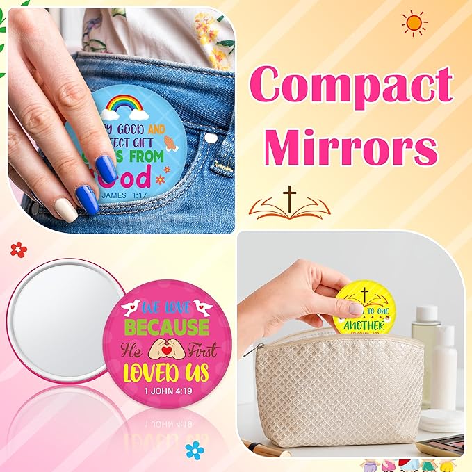 Y1tvei Cute Compact Mirror Bulk - 36Pcs Colorful Bible Verse Inspirational Quote Gift Mini Portable Round Pocket Makeup Mirror for Women Teen Purse Wallet Religious Faith Christian Church Party Favors