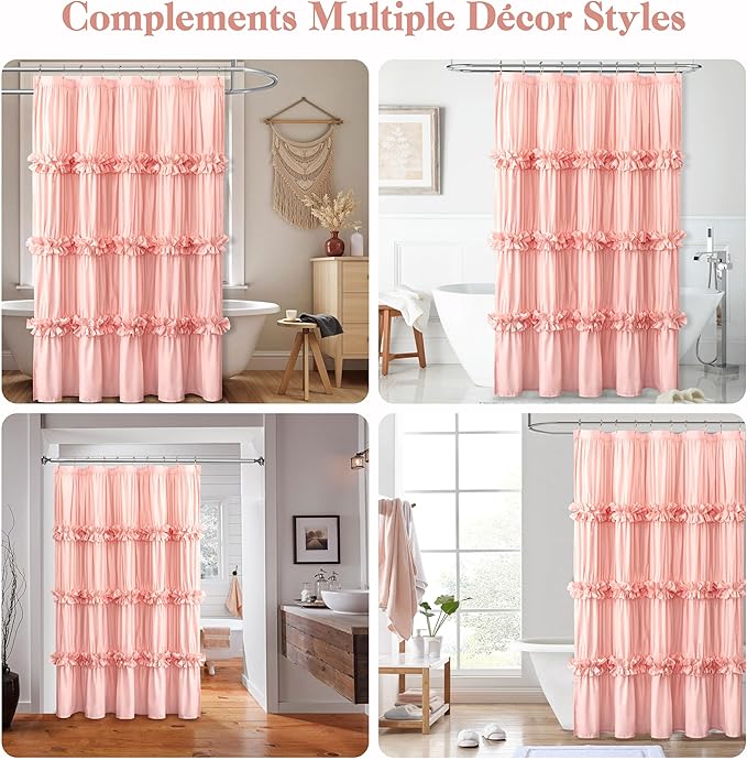 Victorian Peach Ruffle Shower Curtain 60"W x 72"L, Ruched Microfiber Vintage Handcrafted Bow Tie, Stall Size Bath Curtain with 10 Buttonholes, Machine Washable and Dry Quickly (LQ-10)