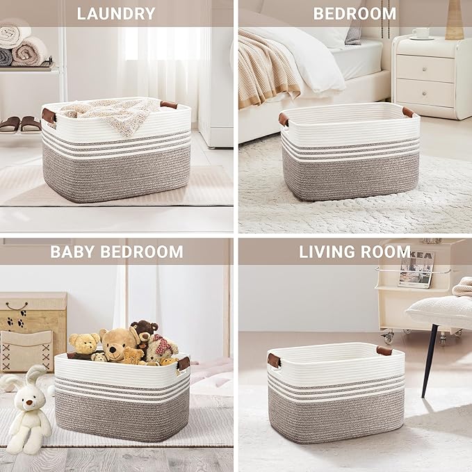 100L Extra Large Laundry Basket with Leather Handles for Living Room Storage,Woven Rope Baskets for Blanket,Kids Toy,Gifts,Wicker Hamper for Bedroom Dirty Clothes,24"x16"x14" Dark Brown