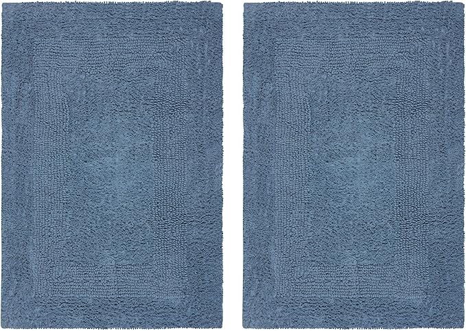 COTTON CRAFT Luxurious Bath Mat Rug - Set of 2 Reversible Heavyweight Step Out Bath Mats for Bathroom Floor, Tub and Shower - Pure Cotton Soft Plush Absorbent Tufted Racetrack Mat - 17x24 - Azure Blue