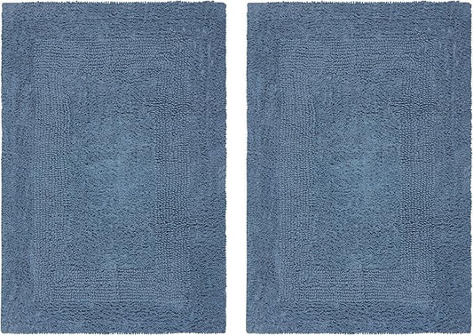 COTTON CRAFT Luxurious Bath Mat Rug - Set of 2 Reversible Heavyweight Step Out Bath Mats for Bathroom Floor, Tub and Shower - Pure Cotton Soft Plush Absorbent Tufted Racetrack Mat - 17x24 - Azure Blue