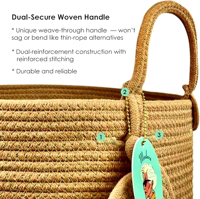 Modern Granny Large Cotton Rope Laundry Hamper 15x20 Inch Dual Secure Woven Handle for Living Room Closet Clothes Blanket Organization