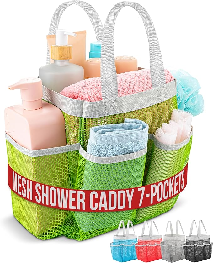 Handy Laundry Mesh Shower Caddy – 7 Pocket Portable Shower Caddy for Dorm, Gym, Travel & Bathroom – Quick-Dry Collapsible Organizer Tote Bag for College Essentials, Toiletries & Small Items (Green)