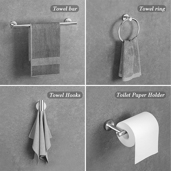 Round Brushed Nickel Bathroom Hardware: 8 Pieces Stainless Steel Bath Accessories Set - Including Wall Mounted Towel Rack&Toilet Paper Holder&Towel Ring&Robe Towel Hook