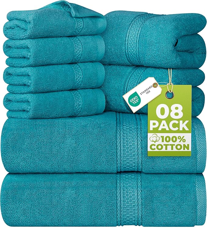 Utopia Towels 8 Piece Luxury Towel Set – Majestic Plush, Super Absorbent & Quicker-to-Dry, Thick 100% Ring Spun Cotton Towels for Bathroom, Spa & Hotel – 2 Bath, 2 Hand, 4 Washcloths,Teal