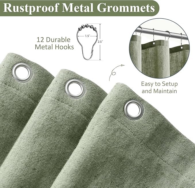 Naturoom 54 Inch Shower Curtain - Stall Narrow Half Green Linen Ultra Thick Fabric Shower Curtain Set with Hooks, Boho Farmhouse Rustic RV Camper Bath Curtains for Bathroom, Sage Green, 54 x 78