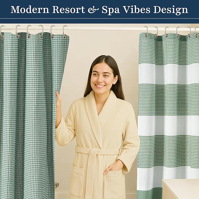 LANE LINEN Hotel Quality Shower Curtain Set - 72W x 72H, 2 Pack Heavyweight Waffle Striped Curtains with Metal Grommets - Stable Hanging Design, Water Repellent, Quick Dry & Machine Washable - Green