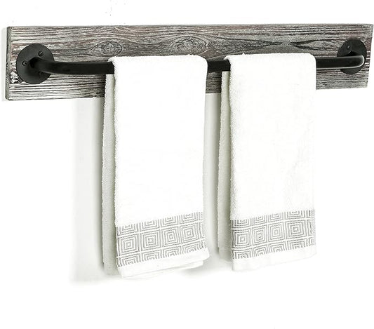 MyGift Bathroom Towel Rack, Hand Towel Holder Wall Mounted, Industrial Fixtures Hanging Towel Bar, Farmhouse Bathroom Decor, Rustic Torched Solid Wood with Realistic Metal Pipe