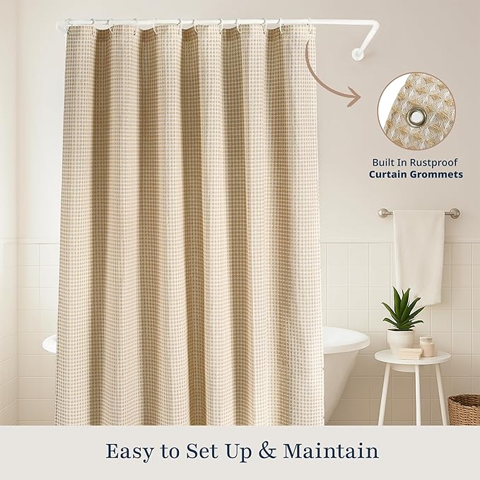 LANE LINEN Luxury Shower Curtain - 72 x 72 inches - Heavyweight Waffle Weave Fabric - Stable Hanging Design, Water Repellent & Quick Dry - Machine Washable & Header with Metal Grommets - Beige