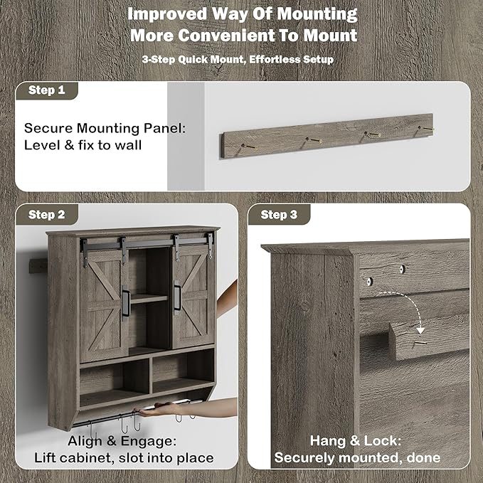 RUSTOWN Farmhouse Bathroom Wall Cabinet,3-Tier Rustic Wood Wall Mounted Cabinets,Vintage Medicine Cabinet with Sliding Barn Door and Adjustable Shelves,Over The Toilet Storage Cabinet (Washed Oak)