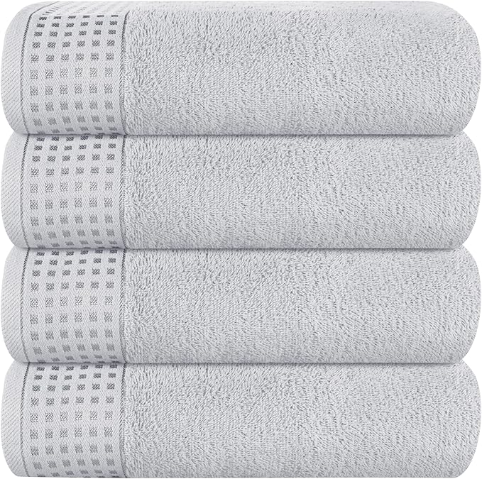 GLAMBURG Ultra Soft 4 Pack Oversized Bath Towel Set 27x54 inches, 100% Cotton Bath Towels, Highly Absorbant Compact Quickdry & Lightweight Towel, Ideal for Gym Travel Camp Pool - Light Grey
