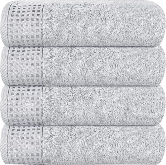 GLAMBURG Ultra Soft 4 Pack Oversized Bath Towel Set 27x54 inches, 100% Cotton Bath Towels, Highly Absorbant Compact Quickdry & Lightweight Towel, Ideal for Gym Travel Camp Pool - Light Grey