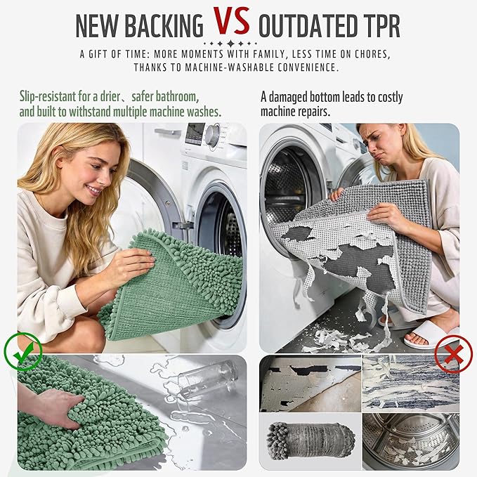 Yimobra Bathroom Rugs Non Slip Washable 32x20 Inch - Ultra Soft Absorbent Chenille Bath Mat, Quick Dry Shaggy Floor Carpet for Tub Shower, Green Home Decor Accessories