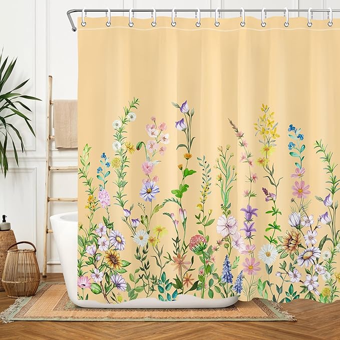 Yellow Floral Flower Shower Curtain Pretty Wildflower Bathroom Shower Curtain Set Boho Cute Shower Curtains Cloth Fabric Shower Curtain