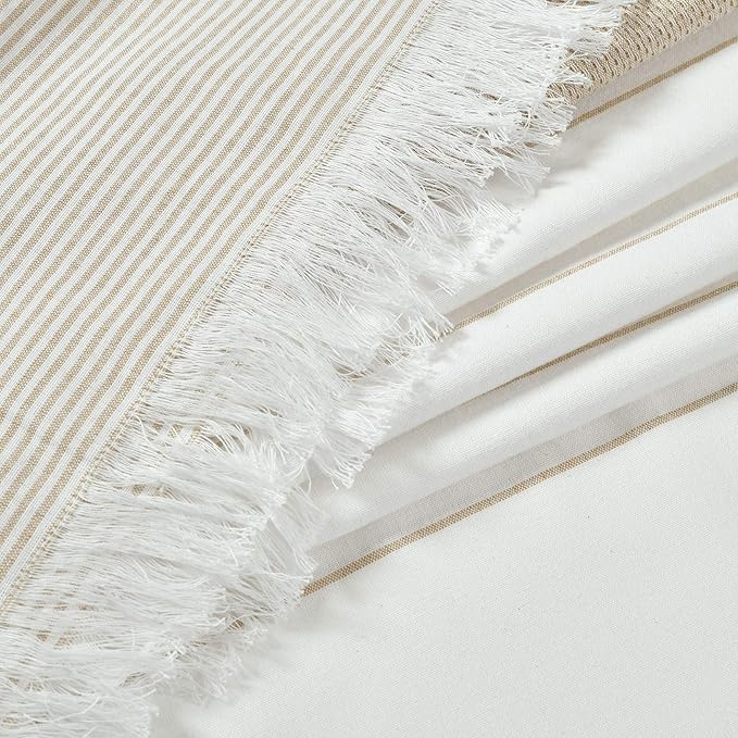 Lush Decor White Woven Cotton Shower Curtain with Taupe Stripe and Tassel Fringe, Bathroom Accessories (72" x 72")