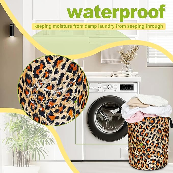 Brown Black Leopard Print Laundry Basket Funny Foldable Waterproof Oxford Cloth Tote Bag Laundry Hamper Large Clothes Storage Bucket Toy Organizer For Bathroom/Laundry Storage/Bedroom 18.9x16.5 Inch