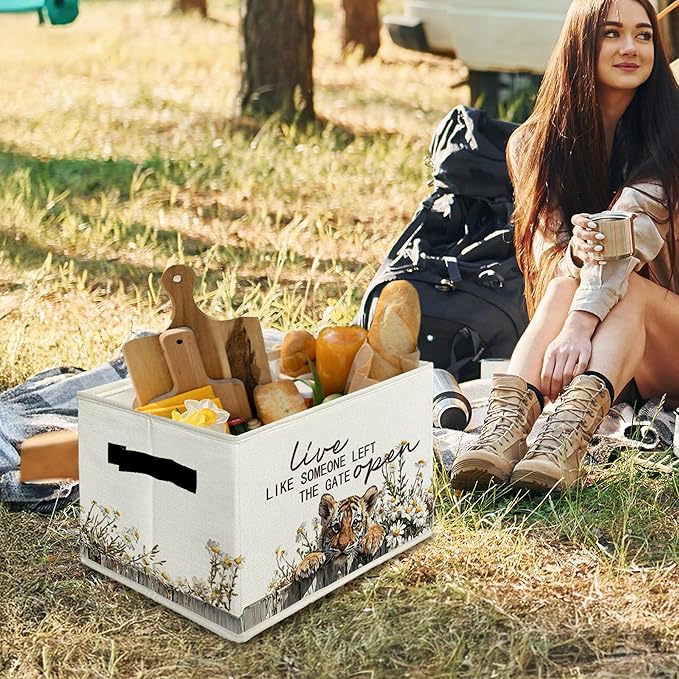 Rustic Tiger Storage Bins & Boxes with Handles, Farmhouse Tiger Foldable Basket for Organizing, Live Like Someone Left the Gate Open Collapsible Storage Basket for Bedroom Bathroom Clothes Toys