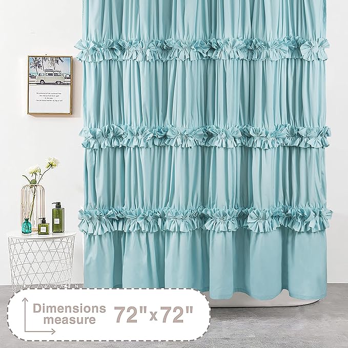 Spa Blue Ruffle Shower Curtain, Vintage Handcrafted Bow Tie Bath Curtain for Master Bathroom, Ruched Microfiber Bathroom Curtain with 12 Buttonholes, 72" W x 72" H (LQ-10)
