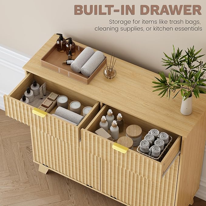 Double Tilt Out Laundry Hamper Cabinet, 20 Gallon Wooden Trash Can Cabinet with Storage Drawers, Hidden Fluted Garbage Can Holder for Kitchen, Living Room (Natural Wood, 39.34"W x 35.83"H x 13"D)