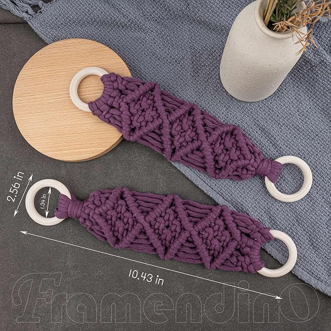 Framendino, 2 Pack Kitchen Crochet Towel Hanging Rings Macrame Dish Loop Holder for Cabinets Oven Door (Purple)