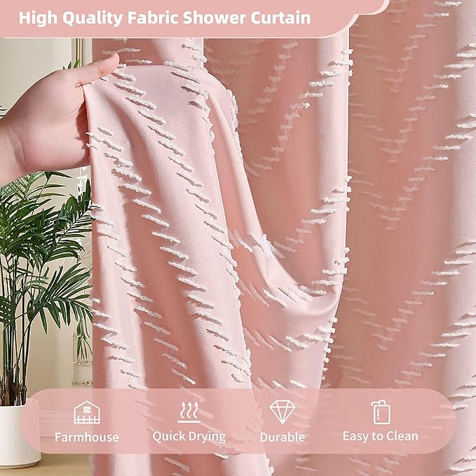 Small Stall Boho Pink Shower Curtain Woven Fabric 36 x 72 Half Size Tufted Chevron Striped Textured Modern Farmhouse Minimalist Shower Curtain for Bathroom