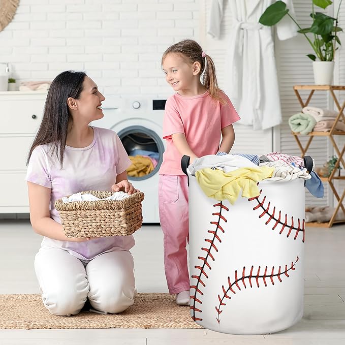 Baseball Laundry Basket, Collapsible Waterproof Oxford Cloth Laundry Hamper, Funny Round Kids Toys Storage Basket as Room Decor, Dirty Clothes Hamper for Bedroom Bathroom Dorm