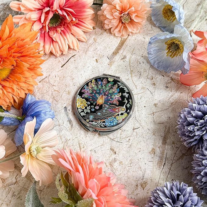 Portable Makeup Compact Double Magnifying Mirror Cosmestic Foldable Pocket Style Unique Mother of Pearl Design (Peacock)