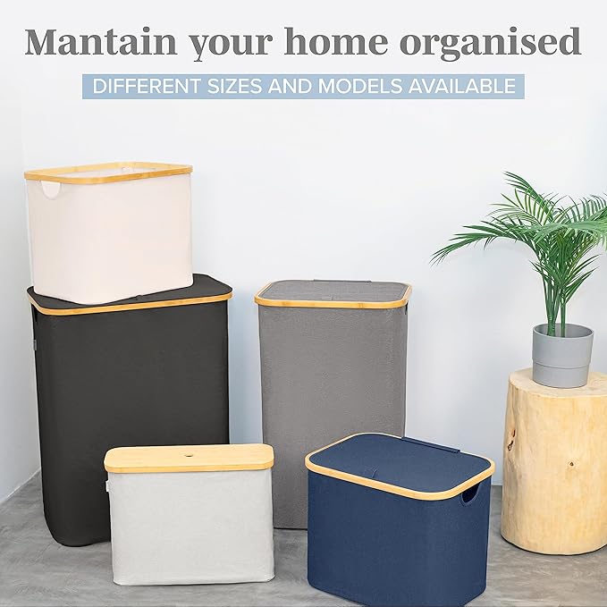 LONBET Laundry Basket with Lid, Made from Breathable Fabric | Aesthetic Clothes Hampers for Laundry with Side Handles & Sturdy Bamboo Frame (26 Gallons - Single, Light Gray)