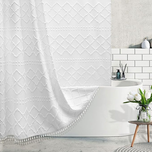 Stall Boho White Woven Fabric Shower Curtain with Tassels 48 x 72 Modern Farmhouse Minimalist Tufted Chevron Striped Shabby Chic Textured, Water Resistant Curtain for Bathroom, Hotel Decor