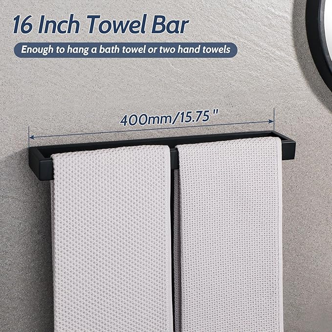 Sayayo Matte Black Towel Bar for Bathroom, 16 Inch Hand Towel Holder Wall Mount Square Towel Ring SUS304 Stainless Steel Towel Rack