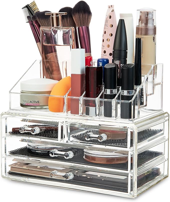 DECO EXPRESS Makeup Organiser for Women Teenagers Acrylic Drawers Makeup Storage 12cm x 24cm x 22cm Clear Bathroom Bedroom Dressing Table Organiser Jewelry Beauty Skincare 4 Tier Cosmetic Storage Box