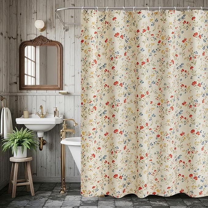 Boao Floral Shower Curtain Linen Farmhouse Cottagecore Spring Shower Curtain Boho Rustic Wildflowers Water Repellent for Bathroom Farmhouse 72" W x 72" L(Vintage Flower)