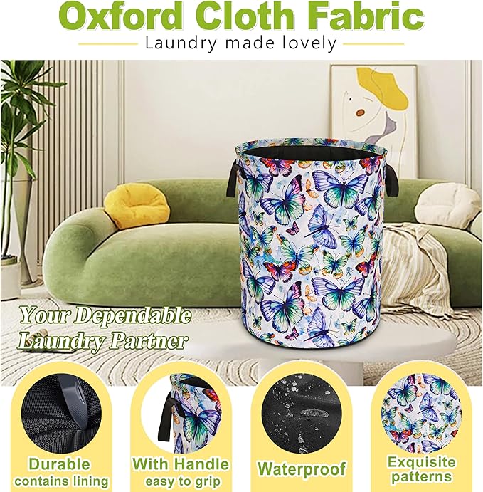 Colorful Butterfly Laundry Basket Funny Foldable Waterproof Oxford Cloth Tote Bag Laundry Hamper Round Large Clothes Storage Bucket Toy Organizer For Bathroom/Laundry Storage/Bedroom 18.9x16.5 Inch