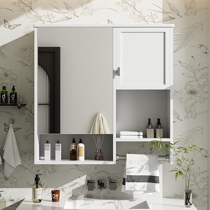 Merax Medicine Cabinet for Bathroom, Wall Mount Bathroom Cabinet with Mirror, Open Shelf, and Towel Bar, 29.5" W x 28.7" H Over The Toilet Mirrored Bath Wall Cabinet