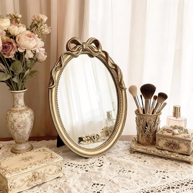 Vintage Vanity Desk Mirror - 13x10 Inch Wall-Mounted & Tabletop Decorative Ornate Champagne Gold Accent Retro Makeup Mirror for Bedroom Dresser Bathroom Living Room Dorm Oval