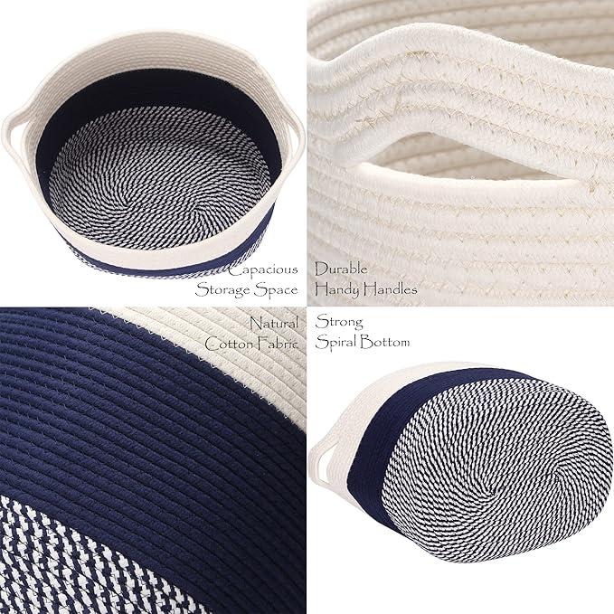 Sea Team Oval Large Cotton Rope Woven Storage Basket with Handles, Diaper Caddy, Baby Shower Basket, Nursery Nappies, Clothes Toys Organizer for Kid's Room, 16 x 13 inches, White & Mottled Navy