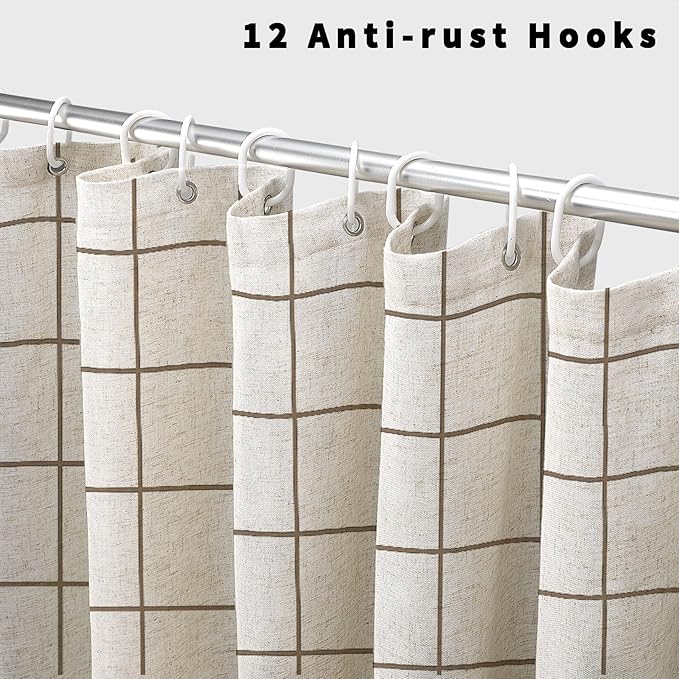 Farmhouse Plaid Shower Curtain Beige Linen Shower Curtains for Bathroom Natural Beige Pattern 72 x 72 Inch