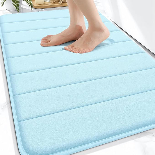 OLANLY Memory Foam Bath Mat 34x21, Super Soft Absorbent Bathroom Rugs, Quick Dry, Machine Washable Shower Floor Rugs, Bathmat Carpet, Bathroom Home Decor Accessories, Sky Blue