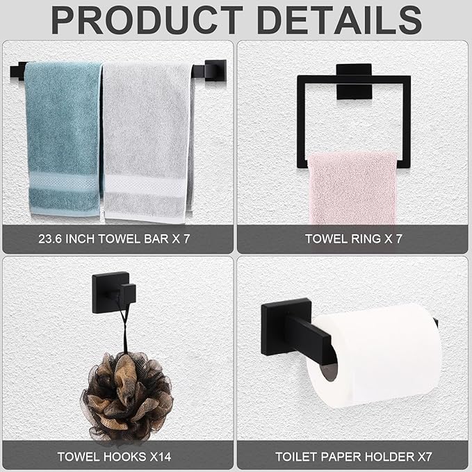 Gisafai 35 Pcs Black Bathroom Hardware Accessories Set 23.6 Inch Bath Towel Bar Kit Stainless Steel Bathroom Hardware Set Towel Racks Ring Robe Hooks Paper Holder for Wall Mounted