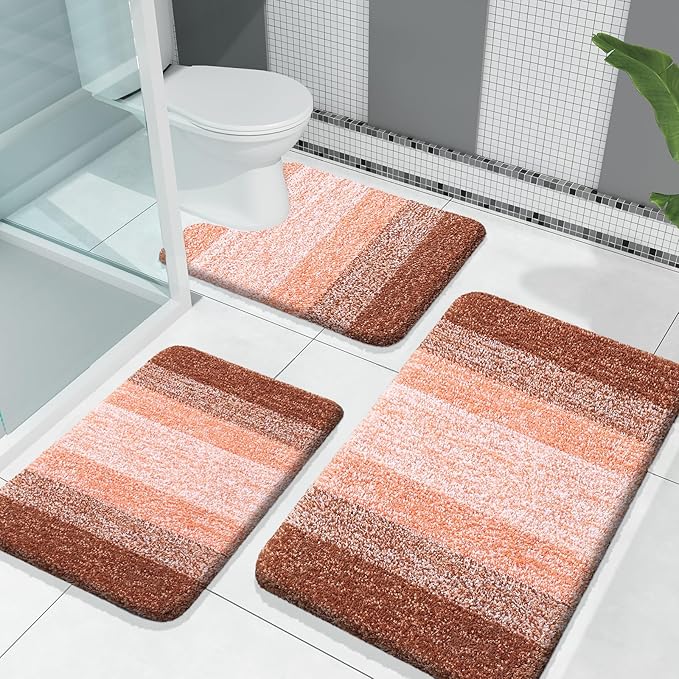 OLANLY Bathroom Rugs Sets 3 Piece, Soft Absorbent Microfiber Bath Mats and U-Shaped Contour Toilet Rug, Plush Shaggy Bath Mat Set for Bathroom (30"x20"+24"x16"+24"x20", Orange)