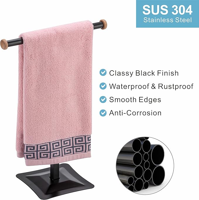 ZCDCP Hand Towel Holder Stand, T-Shape Stainless Steel Towel Rack for Bathroom Countertop with SUS304 Stainless, Black Freestanding Hand Towel Holder