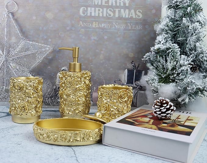 Hymmah Gold Bathroom Accessories Set,Rose Design Bathroom Set,Farmhouse Bathroom Decor,4 Pcs Resin Gift Set Apartment Necessities, Contain Cotton Swab Jar,Soap Dispenser,Soap Dish,Tumbler White