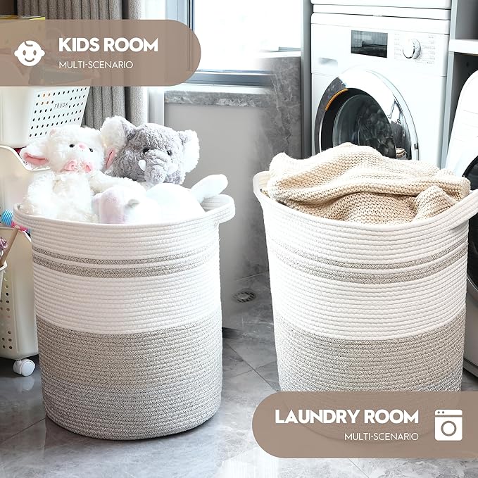 Sea Team Large Size Cotton Rope Woven Storage Basket with Handles, Laundry Hamper, Fabric Bucket, Drum, Clothes Blankets Organizer for Kid's Room, 18 x 20 inches, Round Open Design, White & Khaki