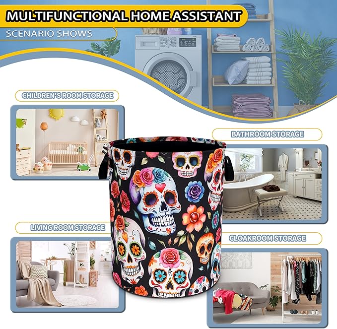 Sugar Skull Laundry Basket Skeleton Foldable Waterproof Oxford Cloth Funny Tote Bag Laundry Hamper Clothes Storage Bucket Toy Organizer For Bathroom/Laundry Storage/Bedroom 18.9x16.5 Inch