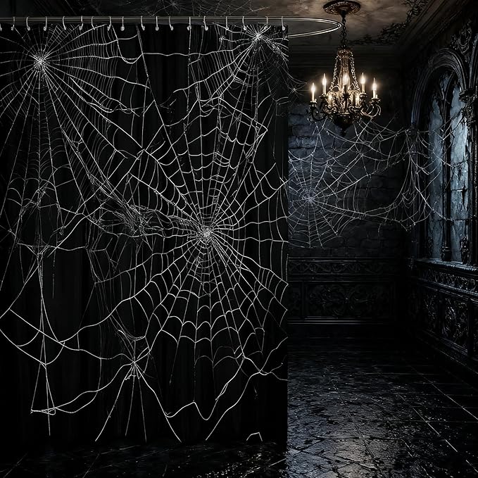 Feelyou Spider Web Bath Curtain Halloween Theme Spider Print Shower Curtain Black White Decor Bathroom Curtain Set Polyester Trick or Treat Waterproof Shower Curtains 72"x84"
