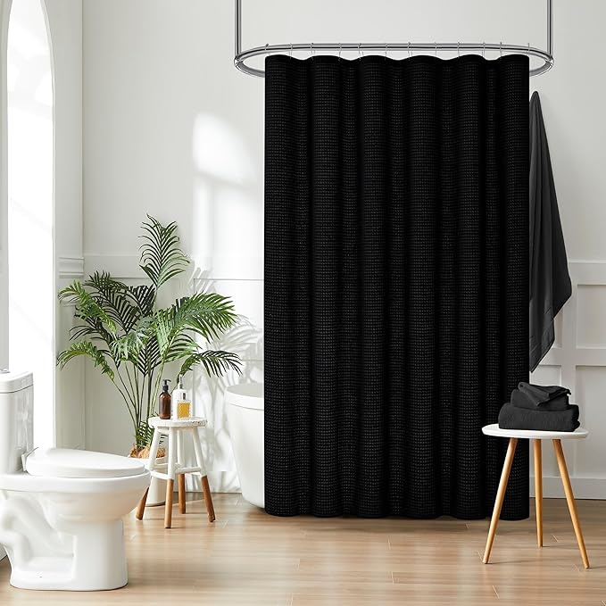 Luxury Waffle Weave Shower Curtain Elegant Hotel Style Fabric for Bathroom, Water Repellent, Machine Washable Black Waffle
